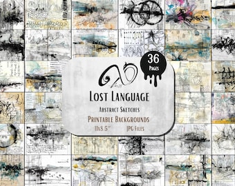 Lost Sprache Abstrakt Skizzen, Papiere Hintergrund Printable Asemic Schreiben Kunst Collage Blatt Papier für Junk Journals Scrapbooks Acrylic Ink