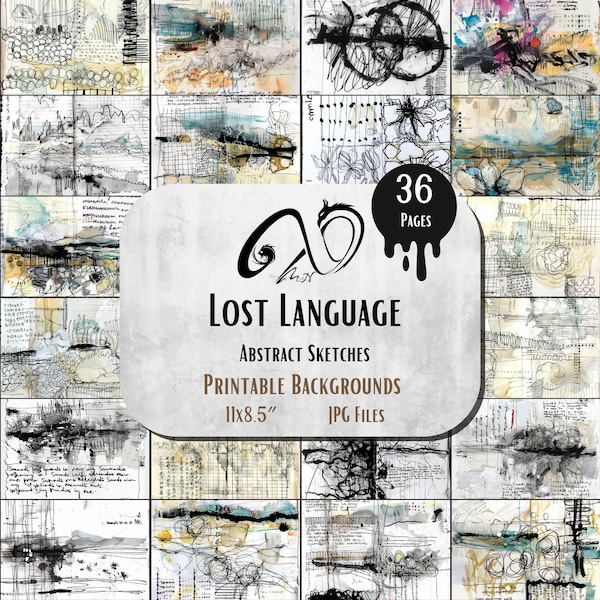 Lost Language Abstract Sketches, Papers background Printable Asemic Writing Art Collage sheet paper for junk journals scrapbooks Acrylic Ink