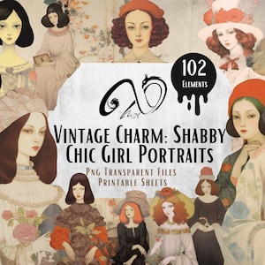 Vintage Charm- Ritratti di ragazze shabby chic, documenti, download digitale, diario spazzatura, donne, stampabile, diario vintage, sfondo shabby chic
