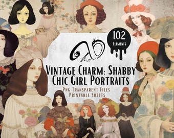Fascino vintage: ritratti di ragazze shabby chic, documenti, download digitale, diario spazzatura, donne, stampabile, diario vintage, sfondo shabby chic