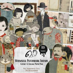 Puede incluir: Una colección digital de 119 elementos titulada Whimsical Patchwork Friends Clipart & Collage Paper Pack. El conjunto presenta personajes ilustrados con texturas de patchwork, incluyendo personas, animales y varios papeles de fondo texturizados.