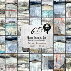 Puede incluir: Un conjunto de 36 imágenes de fondo imprimibles con el tema "Tierra y cielo apagados". Las imágenes son diseños de kit de papel de collage pictórico, cada uno de 21,59 cm x 27,94 cm. La obra presenta paisajes abstractos.