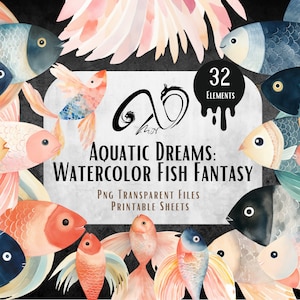 Aquatic Dreams, Watercolor Fish Fantasy, Fish Journal Pages, Watercolor Fish clipart, Pink Fish, Blue-red Fish, PNG, JPG, Printable Sheets