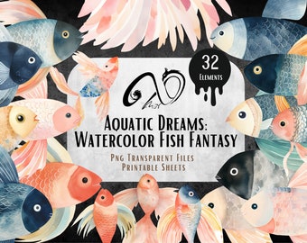 Aquatic Dreams, Watercolor Fish Fantasy, Fish Journal Pages, Watercolor Fish clipart, Pink Fish, Blue-red Fish, PNG, JPG, Printable Sheets