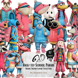 Défilé de la rentrée scolaire : un ensemble de cliparts d'animaux fantaisistes avec des animaux mignons avec des sacs à dos pour un journal amusant, techniques mixtes éphémères, PNG