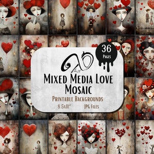 Mosaico d'amore con tecniche miste, download digitale, diario spazzatura, collezione stampabile, stravagante, ragazze, grafica stravagante, scarabocchio, San Valentino