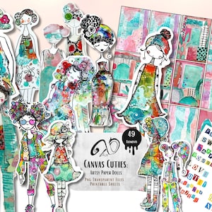 Lienzos lindos: muñecas de papel artísticas, arte efímero en técnica mixta, material imprimible para álbumes de recortes, chicas caprichosas, fondo caprichoso, muñeca de papel PNG