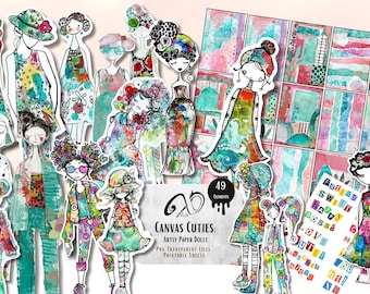 Canvas Cuties: Artsy Paper Dolls, ephemera mixed media art, printable scrapbooking supply, Whimsical Girls, Whimsy Background Paper doll PNG