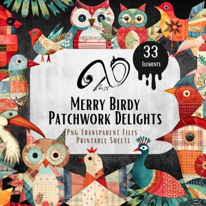 Merry Birdy Patchwork-Personaggi e carte natalizie, download digitale, diario spazzatura, PNG, JPEG, stampabile, diario di Natale, uso commerciale