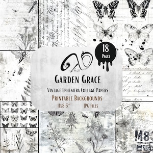 Garden Grace, Vintage Ephemera Papers sfondo stampabile carta invecchiata invecchiata, foglio collage texture antiche digitali rustiche pagine grunge