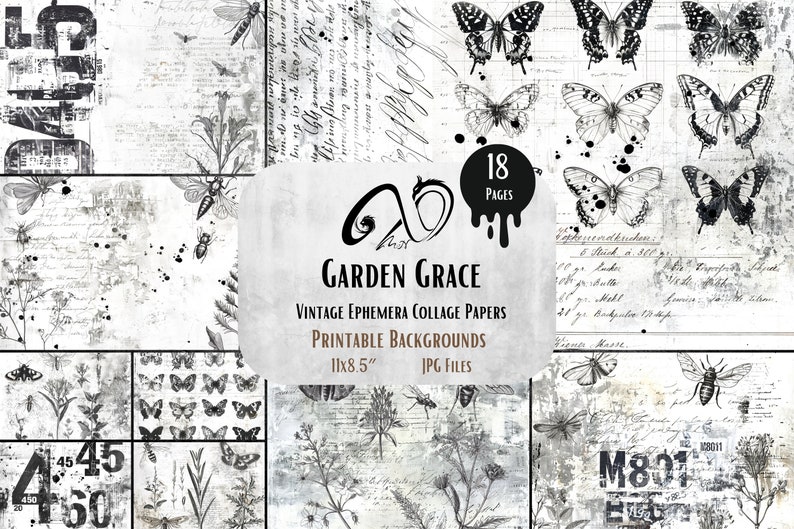 Garden Grace, Vintage Ephemera Papers sfondo carta invecchiata stampabile in difficoltà, foglio Collage rustico digitale antico texture pagine Grunge immagine 1