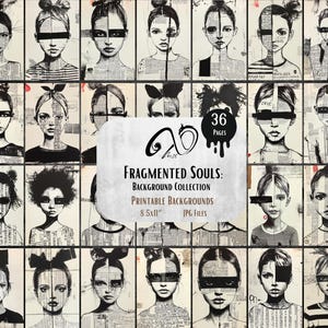 Fragmented Souls: Portraits Background Collection, digitale junkdagboek, ephemera, afdrukbare antieke foto's, plakboekkit collageblad, inkt