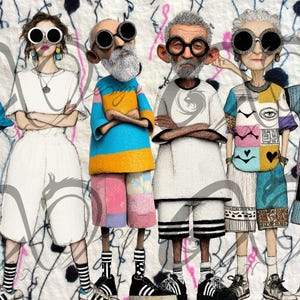 May include: Illustration of six figures in stylish outfits, each wearing sunglasses. The figures are dressed in a variety of colorful tops, shorts, and sneakers. The background features a white and black abstract design.