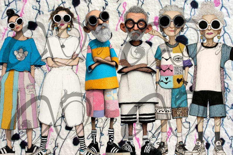 May include: Illustration of six figures in stylish outfits, each wearing sunglasses. The figures are dressed in a variety of colorful tops, shorts, and sneakers. The background features a white and black abstract design.
