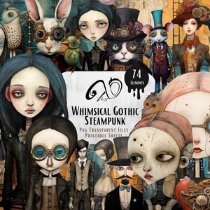 Steampunk gotico stravagante, effimero, arte multimediale, materiali per scrapbooking stampabili, personaggi gotici, sfondo stravagante, Steampunk