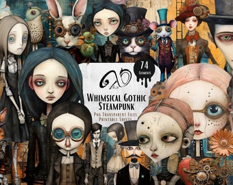 Caprichoso gótico Steampunk, efêmera, arte em mídia mista, suprimentos para scrapbooking imprimíveis, personagens góticos, fundo caprichoso, Steampunk