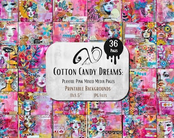 May include: 36 printable digital paper backgrounds in a pink color scheme with mixed media elements, including flowers, faces, and abstract designs. The text "Cotton Candy Dreams: Playful Pink Mixed Media Pages Printable Backgrounds 11x8.5" JPG Files" is included in the image.