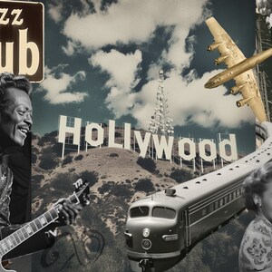 Może przedstawiać: Kolaż w stylu vintage z czarno-białym zdjęciem mężczyzny grającego na gitarze, znakiem Hollywood, pociągiem, samolotem i kobietą stojącą obok lod&oacute;wki. Tablica nad mężczyzną głosi "Jazz Club".