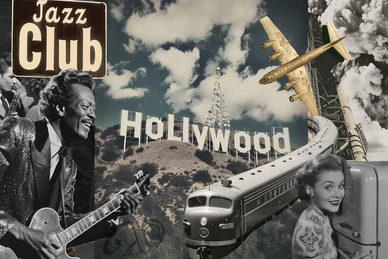 Może przedstawiać: Kolaż w stylu vintage z czarno-białym zdjęciem mężczyzny grającego na gitarze, znakiem Hollywood, pociągiem, samolotem i kobietą stojącą obok lod&oacute;wki. Tablica nad mężczyzną głosi "Jazz Club".