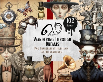Gothic steampunk-clipart – grillige droomafbeeldingen (commercieel gebruik, digitale download)