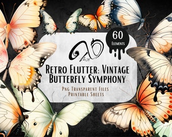 Flottement rétro, symphonie papillon vintage, pages de journal papillons, clipart papillons aquarelle, PNG, feuille imprimable, papillon minable
