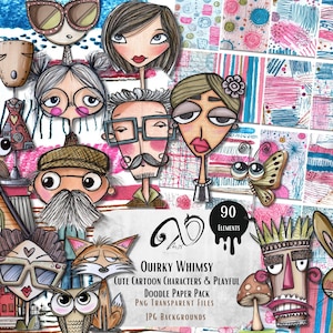 Quirky Whimsy: Cute Cartoon Character & Playful Doodle Paper Pack, ephemera, mixed media, printable Whimsical scrapbooking, Artsy Paper Doll