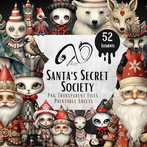 Santa's Secret Society - Personaggi natalizi patchwork, download digitale, diario spazzatura, PNG, Jpeg, stampabile, diario di Natale stravagante