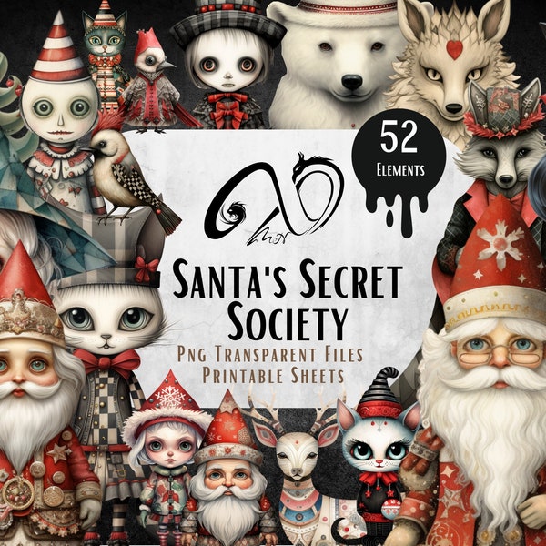 Santa's Secret Society- Christmas Characters Patchwork, Digital Download, Junk Journal, Png, Jpeg, Printable, Whimsical Christmas journal