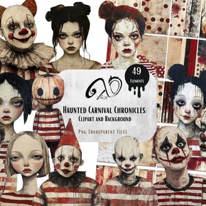 Crônicas de Carnaval Assombrado: Clipart e Fundo, arte de mídia mista efêmera, Palhaço Ephemera Fussy Cut para impressão, papéis caprichosos, palhaços