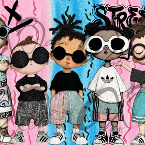 May include: Illustration of five stylized figures in streetwear, each wearing sunglasses. The figures are set against a colorful background with the word "STREET" in graffiti style. The figures are wearing shorts, t-shirts, and sneakers.