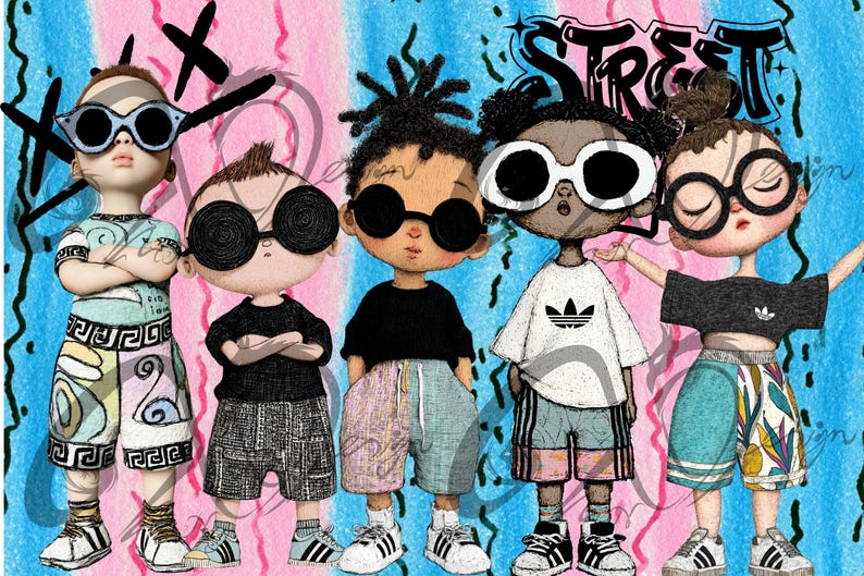 May include: Illustration of five stylized figures in streetwear, each wearing sunglasses. The figures are set against a colorful background with the word "STREET" in graffiti style. The figures are wearing shorts, t-shirts, and sneakers.