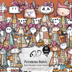 Puede incluir: Una colección de personajes caprichosos con temática de Halloween, hechos con patchwork, que incluyen gatos, fantasmas y calabazas, cada uno adornado con lazos. Los personajes son de varios colores y patrones, sosteniendo linternas. El texto "PATCHWORK HAUNTS: RUSTIC HALLOWEEN CLIPART FRIENDS".