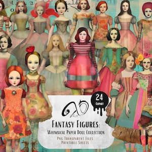 Personaggi fantasy: Clipart di bambole di carta stravaganti, forniture per scrapbooking stampabili con tecniche miste effimere, sfondo stravagante di ragazze stravaganti