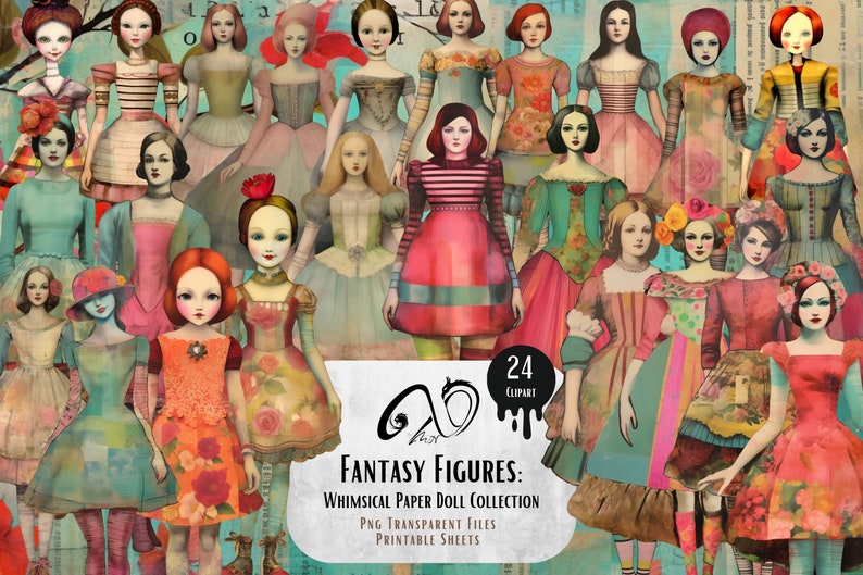 Figure fantasy: Whimsical Paper Doll Clipart, forniture per scrapbooking stampabili di arte tecnica mista effimera, sfondo stravagante per ragazze stravaganti immagine 1