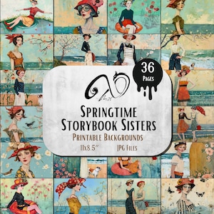 Springtime Storybook Sisters, tecnica mista, stampabile, stravagante, sfondo digitale Sea Beach Sfondo digitale oceano, ragazze di primavera