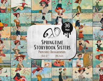 Springtime Storybook Sisters, tecnica mista, stampabile, stravagante, carta di sfondo digitale Sea Beach Digital Backdrop ocean, Spring girls