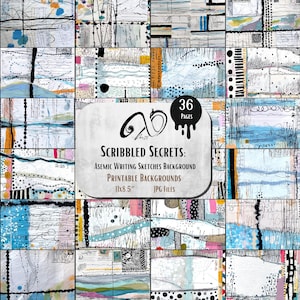Scribbled Secrets abstracte schetsen, papier achtergrond afdrukbare asemic schrijven kunst collage vel papier, junk tijdschriften plakboeken acrylinkt