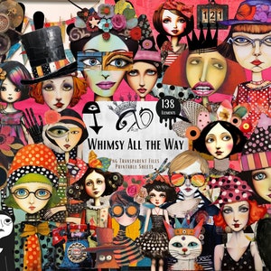 Whimsy All the Way, effimeri, forniture per scrapbooking stampabili con tecniche miste, sfondo Whimsy di ragazze stravaganti, bambola di carta PNG arte digitale