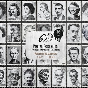 Postal Portraits: Vintage Stamp Clipart Collection, Grayscale Ephemera Junk Journals, Old Postal Stamps, Scrapbook, Digital Printable stamps