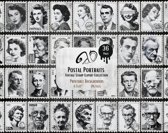 Vintage stempel clipart: grijswaarden portret ephemera (digitale afdrukbare)