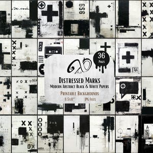 May include: A collection of 36 printable abstract black and white papers. The design features distressed marks, crosses, and geometric shapes. The papers are 8.5x11 inches and in JPG format. The text on the image reads "Distressed Marks, Modern Abstract Black & White Papers".