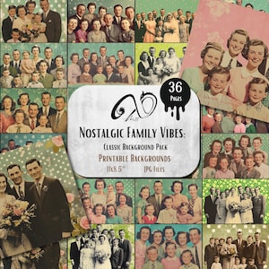 Vibrazioni familiari nostalgiche: diario digitale di sfondo classico, foto antiche, effimere, stampabili, vecchio ritratto, album di ritagli di famiglia anni '50
