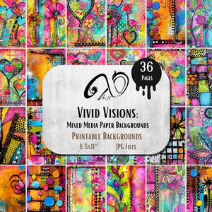 Vivid Visions: sfondi di carta con tecniche miste, download digitale, diario spazzatura, collezione stampabile Cuori stravaganti, grafica stravagante, jpg