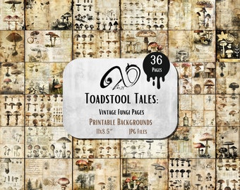 Cuentos de Toadstool: Páginas de hongos vintage, hongos caprichosos de medios mixtos imprimibles, papel envejecido desgastado, hoja de collage, JPG botánico digital