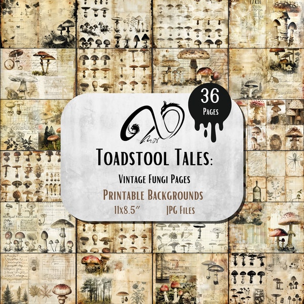 Toadstool Tales: Pagine di funghi vintage, Funghi stravaganti stampabili su supporti misti, Carta invecchiata invecchiata, Foglio collage, JPG botanico digitale