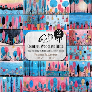 Felicidad en el bosque colorido: un paquete vibrante de fondos de jardines y bosques de fantasía para diarios basura, manualidades y proyectos extravagantes, Doodle