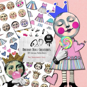 Creature da bambola sognanti: bambole di carta collage fai da te, forniture per scrapbooking stampabili con tecniche miste, facce rotonde, bambole di carta artistiche PNG