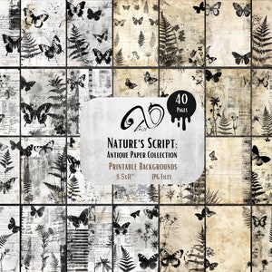 Nature's Script: Collezione di carta antica, Sfondo di carte effimere vintage Carta invecchiata e rovinata stampabile, Foglio di collage rustico, grunge
