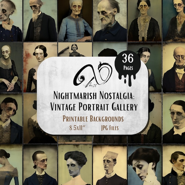 Nightmarish Nostalgia: Vintage Portrait Gallery, digital junk journal ephemera, printable antique photo, scrapbook kit, collage sheet Creepy