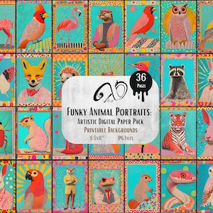 Ritratti di animali funky: pacchetto di carta digitale, effimeri di diario spazzatura digitale, astratto stampabile, kit di scrapbooking, foglio di collage Animali della foresta
